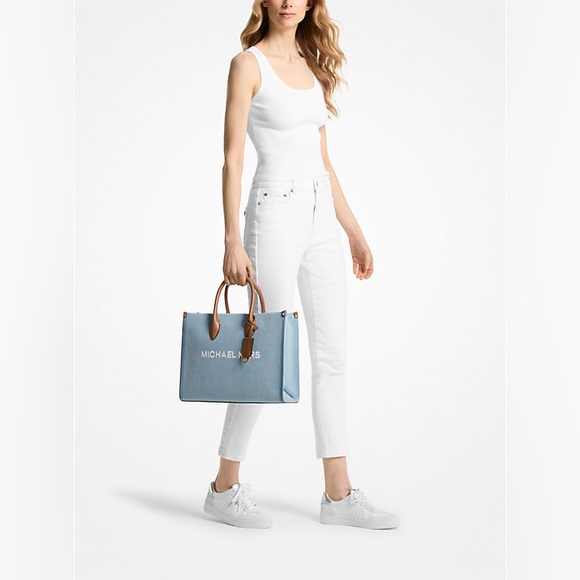 NWT Michael Kors Mirella Denim Blue Tote with Tan Leather Accents - Picture 2 of 11
